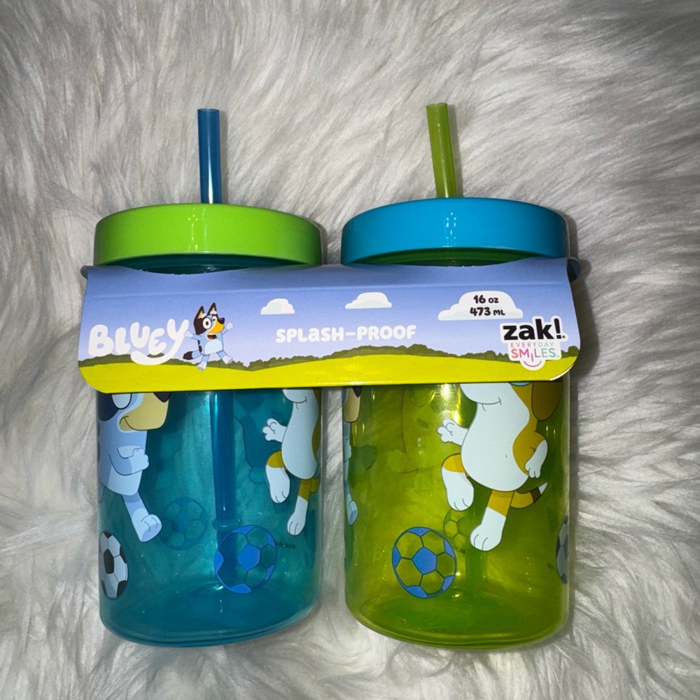 Bluey Kids Splash-Proof Straw Cup Set - Blue & Green